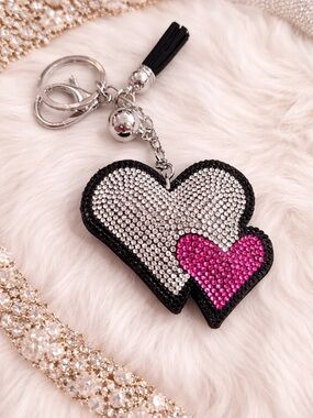 Rhinestone Heart Keychain/bag charm in Silver and Hot Pink